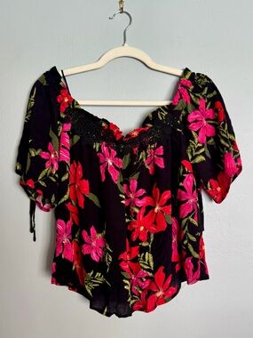 Guess Black Off-Shoulder Floral Top with Pink & Red Blooms
